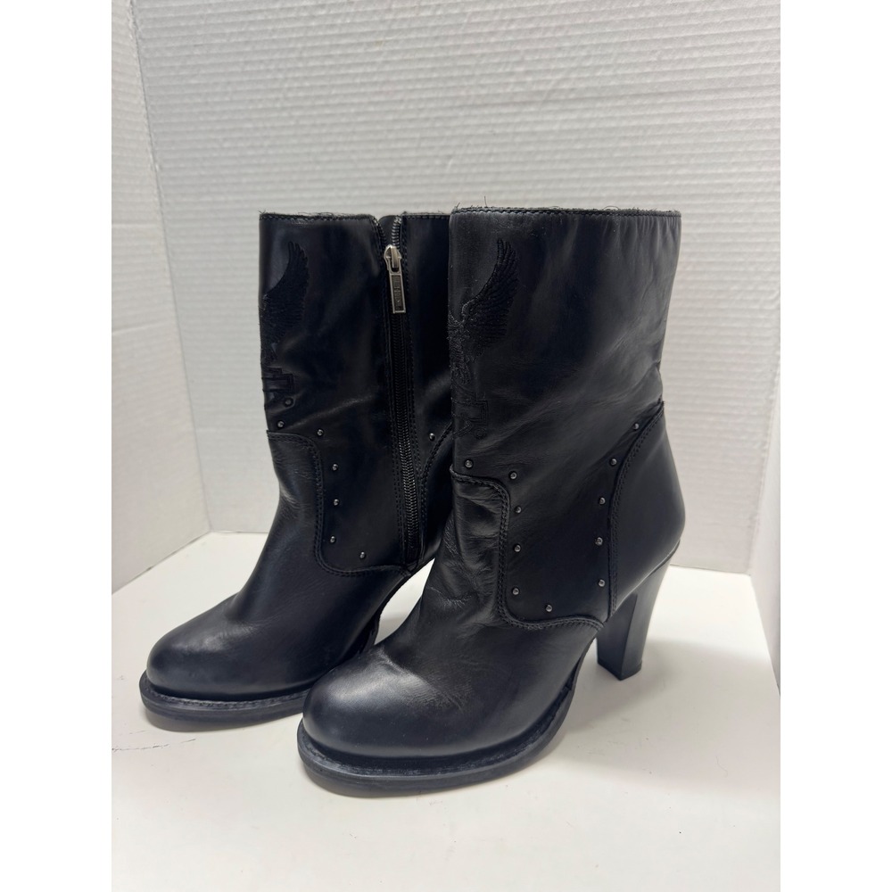Harley-Davidson Womens Black Leather Heeled Moto Boots Eagle Logo D85377 8.5